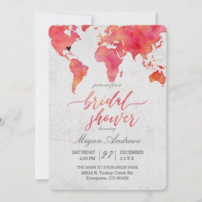 Watercolor World Map Bridal Shower Invitation (Front)