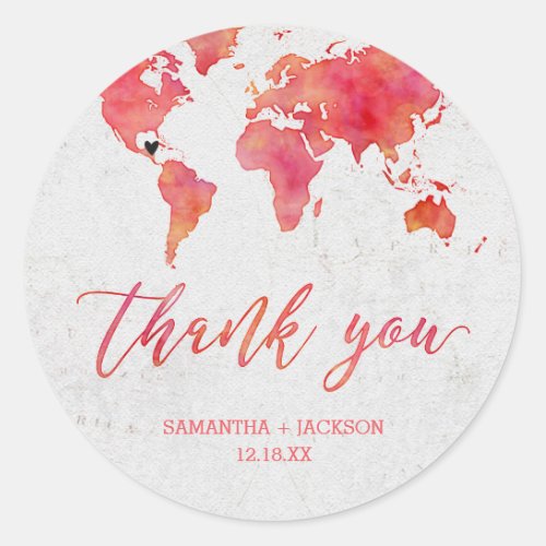 Watercolor World Map Destination Monogram Wedding Classic Round Sticker