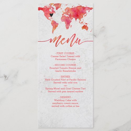 Watercolor World Map Destination Wedding Menu