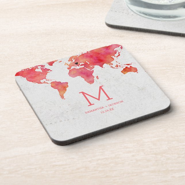 Watercolor World Map Destination Wedding Monogram Beverage Coaster (Left Side)