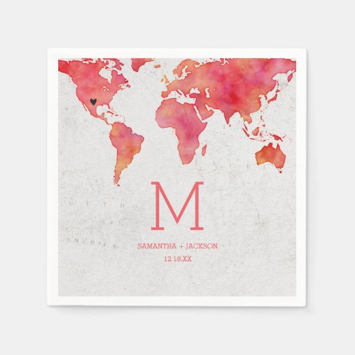 Watercolor World Map Destination Wedding Monogram Paper Napkins