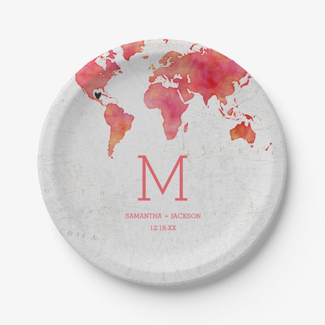Watercolor World Map Destination Wedding Monogram Paper Plates (Front)