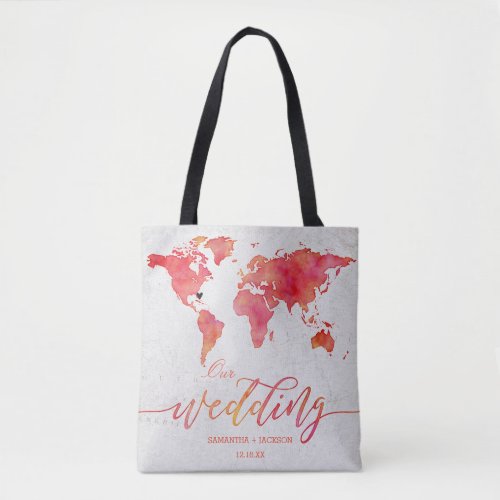 Watercolor World Map Destination Wedding Monogram Tote Bag