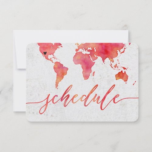 Watercolor World Map Destination Wedding Schedule Invitation