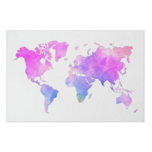  Watercolor World Map Girl's Room Girly Office Map Faux Canvas Print