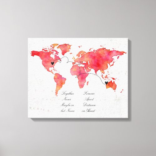 Watercolor World Map Long Distance Relationship Canvas Print