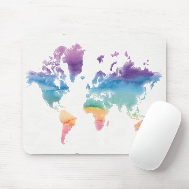Watercolor World Map Mouse Pad (With Mouse)