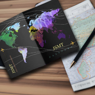 Watercolor World Map on Black International Passport Holder