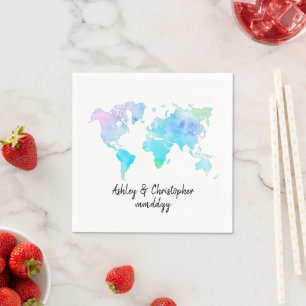 Watercolor World Map Personalized Couple Serviette Napkins