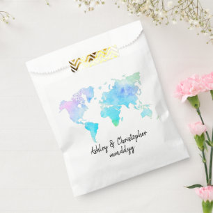 Watercolor World Map Personalized Wedding Couple Favor Bag