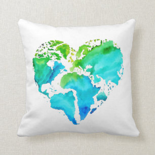 Watercolor World Map Pillow - Heart Shaped Map
