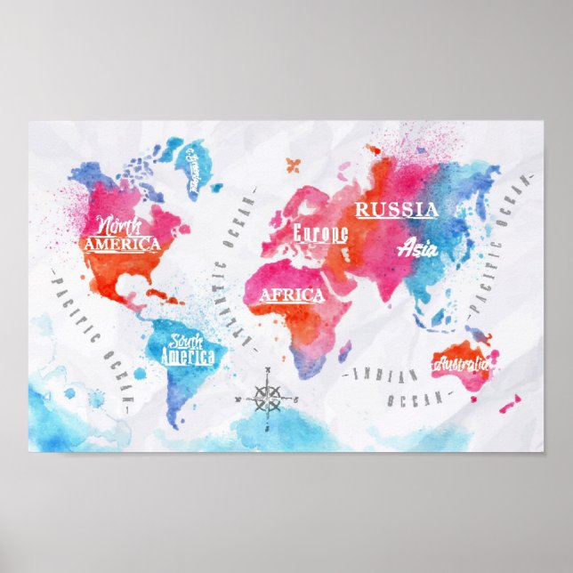 Watercolor world map pink blue poster (Front)