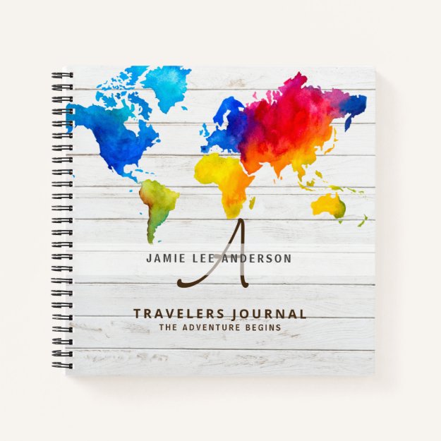 Watercolor World Map Travelers Journal Monogrammed