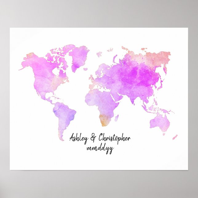 Watercolor World Map Wedding Guest Book Art Print (Front)
