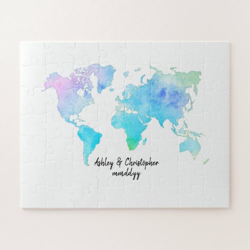 Watercolor World Map Wedding Guest Book Idea Jigsaw Puzzle