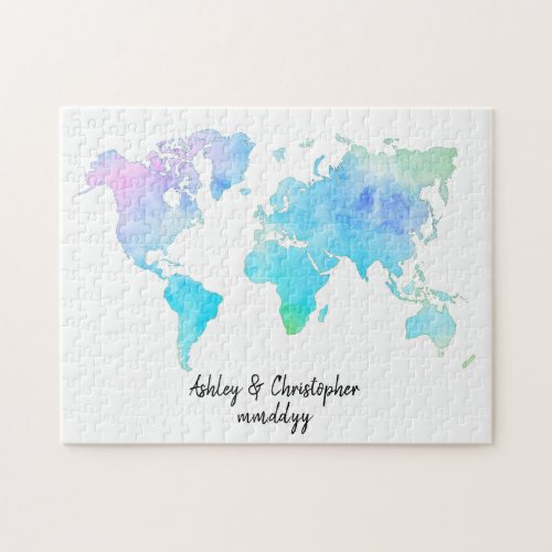 Watercolor World Map Wedding Guest Book Jigsaw Puzzle