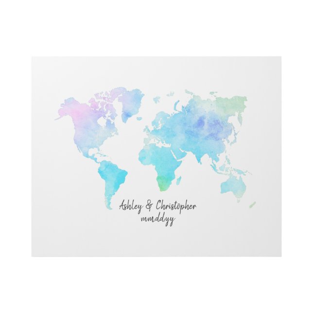 Watercolor World Map Wedding Guestbook Canvas Art (Front)