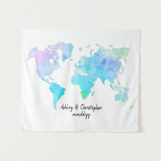 Watercolor World Map Wedding Reception Welcome Map Tapestry