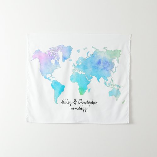 Watercolor World Map Wedding Reception Welcome Map Tapestry