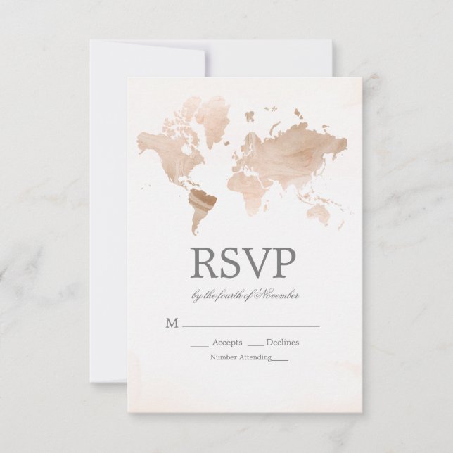 Watercolor World Map Wedding RSVP Card (Front)