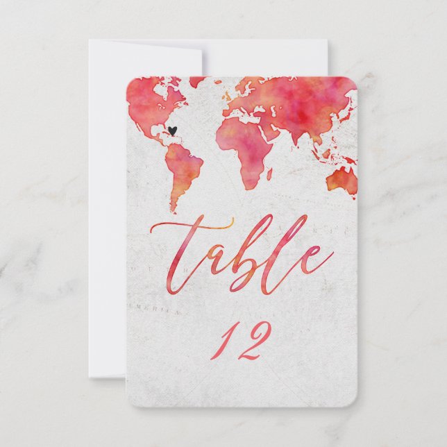 Watercolor World Map Wedding Table Number (Front)