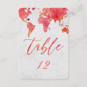 Watercolor World Map Wedding Table Number