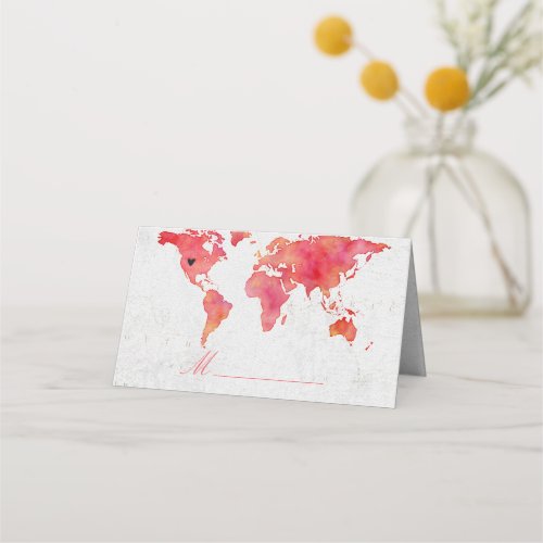 Watercolor World Map Wedding Table Seating Place Card