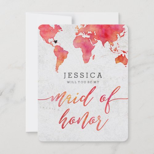 Watercolor World Map Will You Be My Maid of Honor Invitation