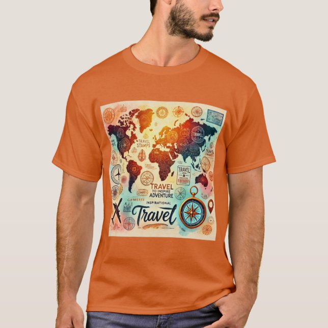 Watercolor World Map with Compass T-Shirt (Front)