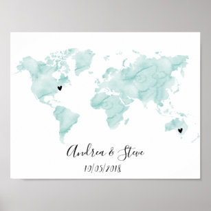 Watercolor World Map with removable hearts couples Poster