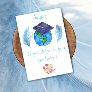 Watercolor World With Graduation Cap And Feathers Card