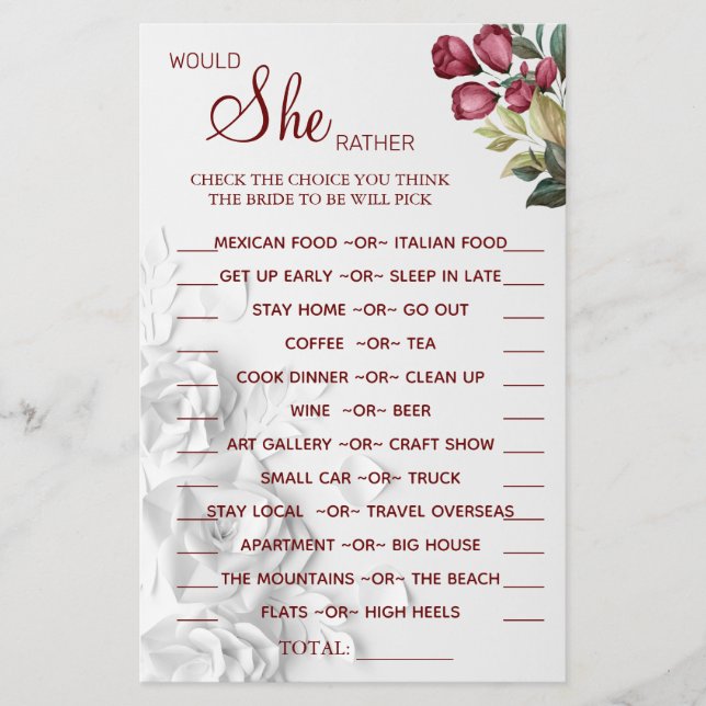 Watercolor Would She Rather shower game card Flyer (Front)