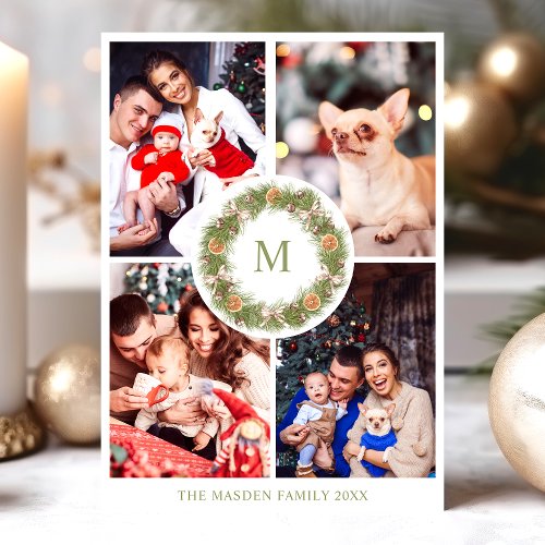 Christmas Greeting Cards 17 Watercolor Wreath 4 Photo Collage Monogram Family Holiday Card