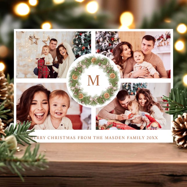Watercolor Wreath 4 Photo Collage Monogram Striped Holiday Card (Creator Uploaded)
