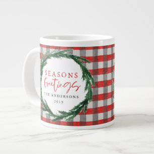 Watercolor wreath and check christmas holiday gift giant coffee mug