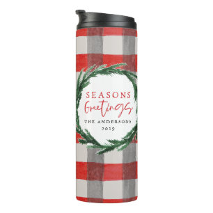 Watercolor wreath and check christmas holiday gift thermal tumbler