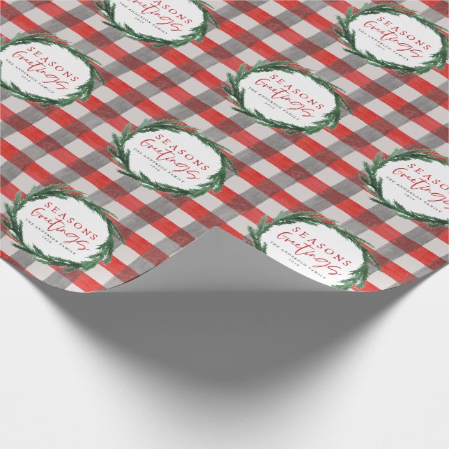 Watercolor wreath and check Christmas holiday Wrapping Paper (Corner)