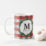 Watercolor wreath and check initial christmas coffee mug<br><div class="desc">Watercolor wreath and check initial christmas holiday gift mug. Hand lettered text. A modern take on tradition red and green.</div>