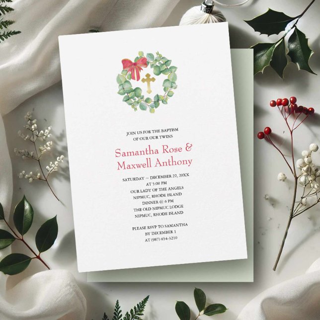 Watercolor Wreath and Gold Cross Baptism Invitation (Christmas wedding invitations watercolor eucalyptus wreath by Victoria Grigaliunas of VG Invites)