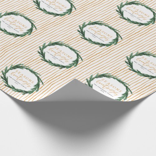 Watercolor wreath and stripe christmas holiday wrapping paper