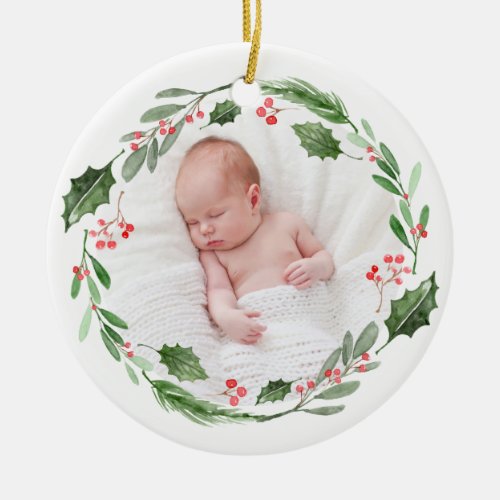 Watercolor Wreath Babys First Christmas Photo Ceramic Ornament