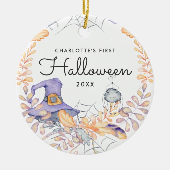 Watercolor Wreath | Baby's First Halloween Ceramic Ornament (Front)