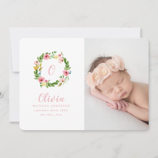 Watercolor wreath birth announcement (Front)
