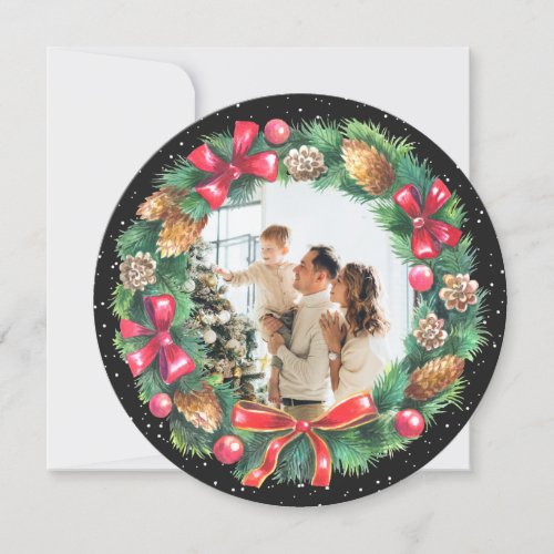 Watercolor Wreath Black Photo Christmas Holiday Card