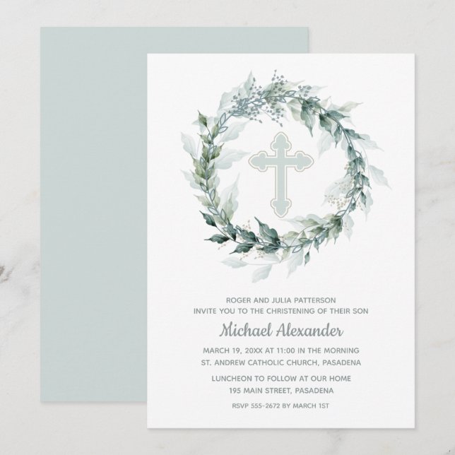 Watercolor Wreath Blue Christening Invitation (Front/Back)