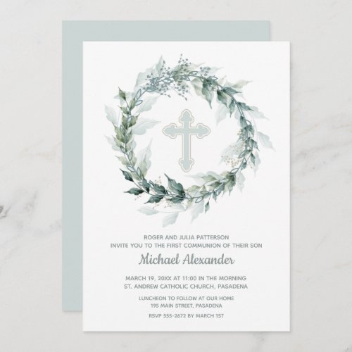 Watercolor Wreath Blue First Communion Invitation