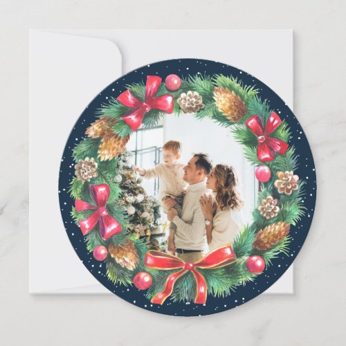 Watercolor Wreath Blue Photo Christmas Holiday Card