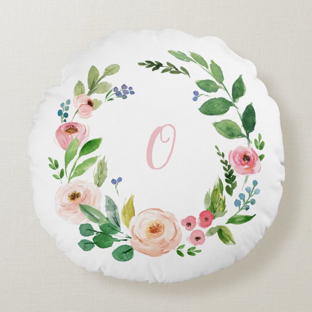 Watercolor wreath blush pink initial baby round pillow (Front)