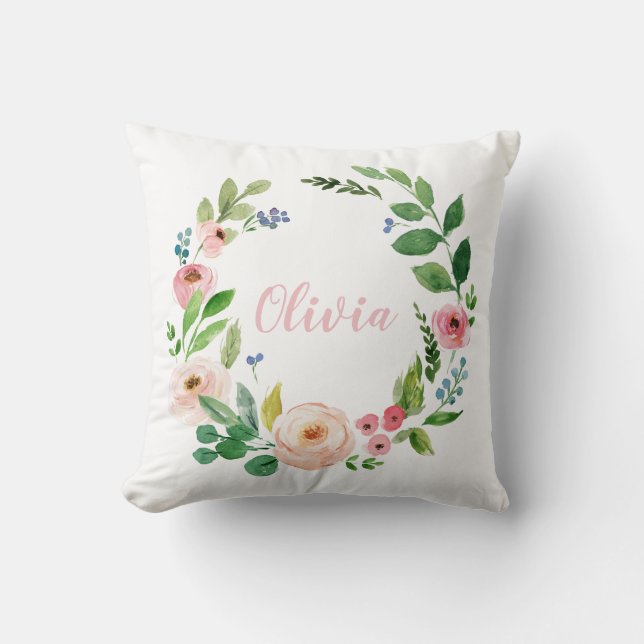 Watercolor wreath blush pink personalized photo throw pillow (Front)