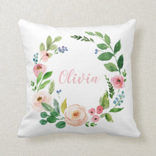 Watercolor wreath blush pink personalized photo throw pillow